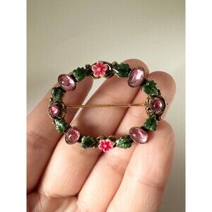 Vintage unsigned Sandor cabochon pink glass green enamel Brooch pin